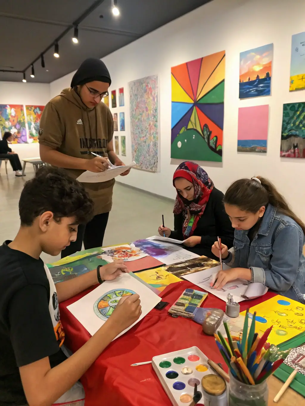 A photograph capturing a group of children participating in an interactive workshop at the Angoulême Museum, focused on ancient art techniques.