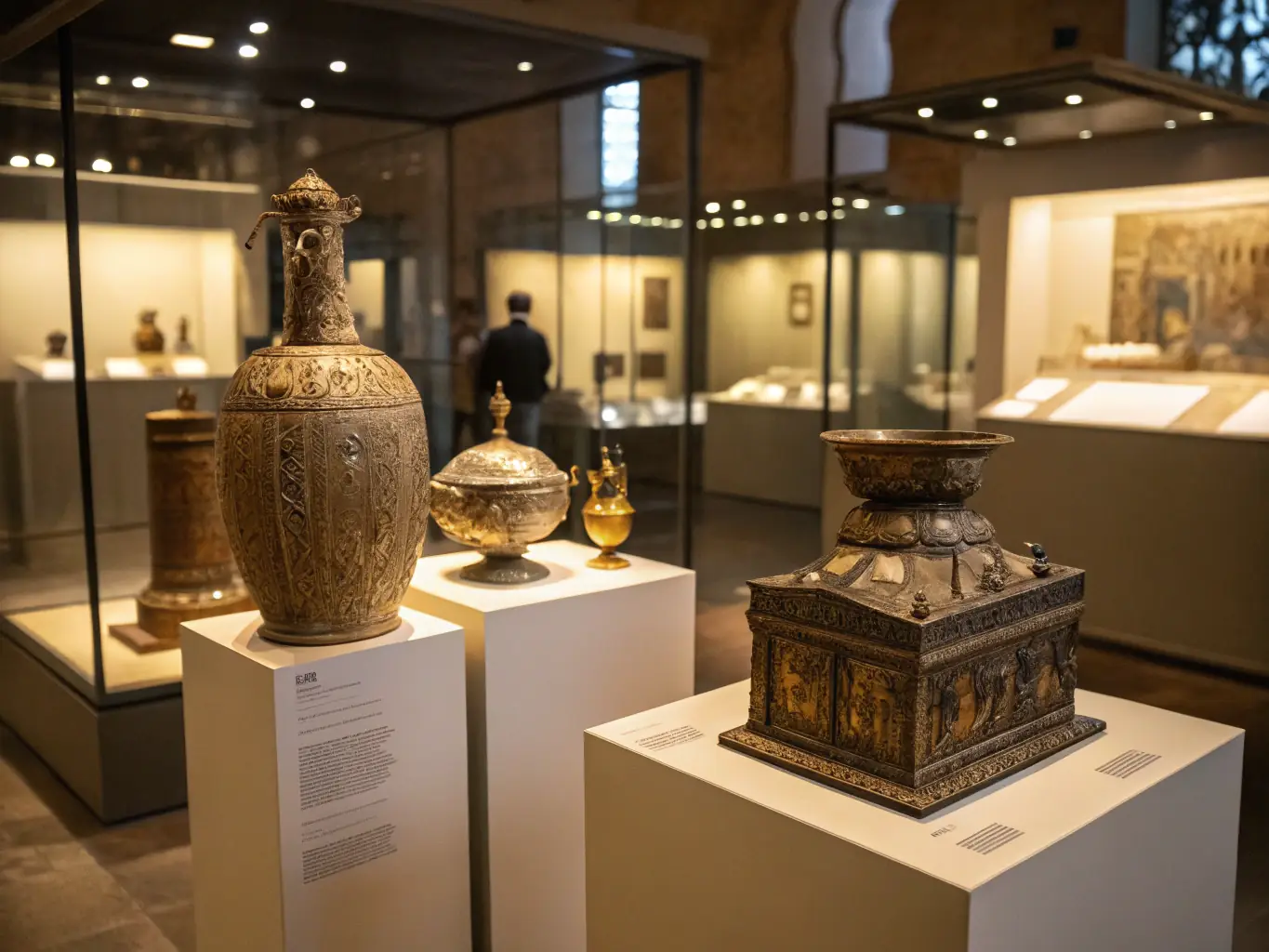 A photograph of a museum exhibit featuring ancient artifacts.